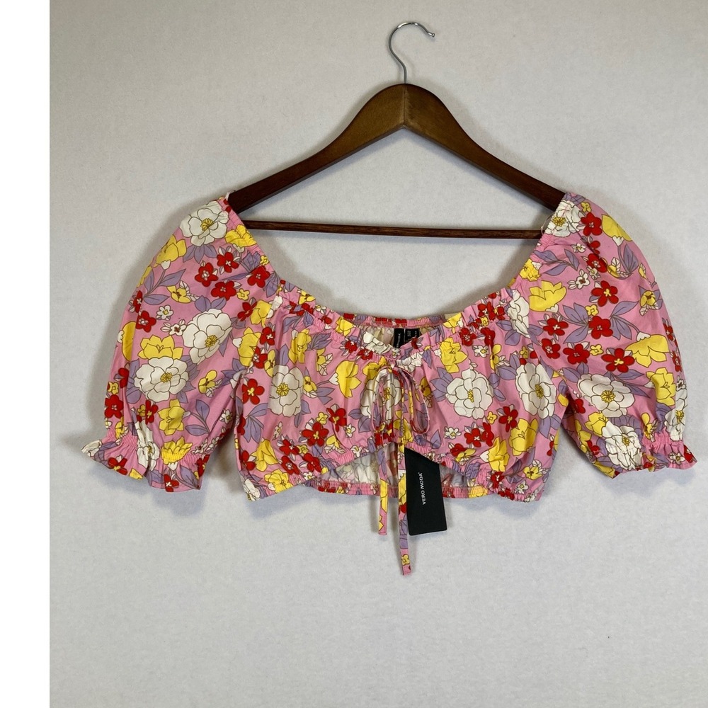 Vero Moda Crop Top Womens Size S Pink Yellow Floral Cotton Puff Sleeve NWT